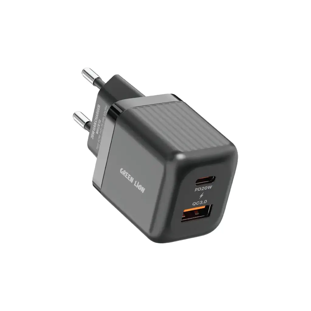Green Lion Ultra Compact GaN Wall Charger EU Pin A+C PD20W + QC3.0 - Black {GNAD20PQEUWBK}
